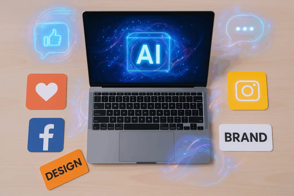 Modern workspace with laptop, social media icons, and AI-inspired visuals representing personal brand growth.