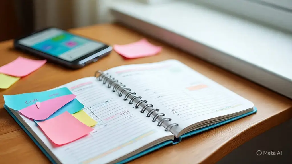 Open weekly planner with ChatGPT screen on laptop beside it, highlighting integrated productivity planning.