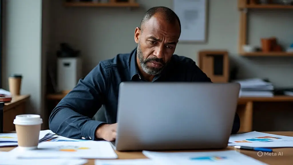 Entrepreneur struggling with personal branding mistakes on laptop.