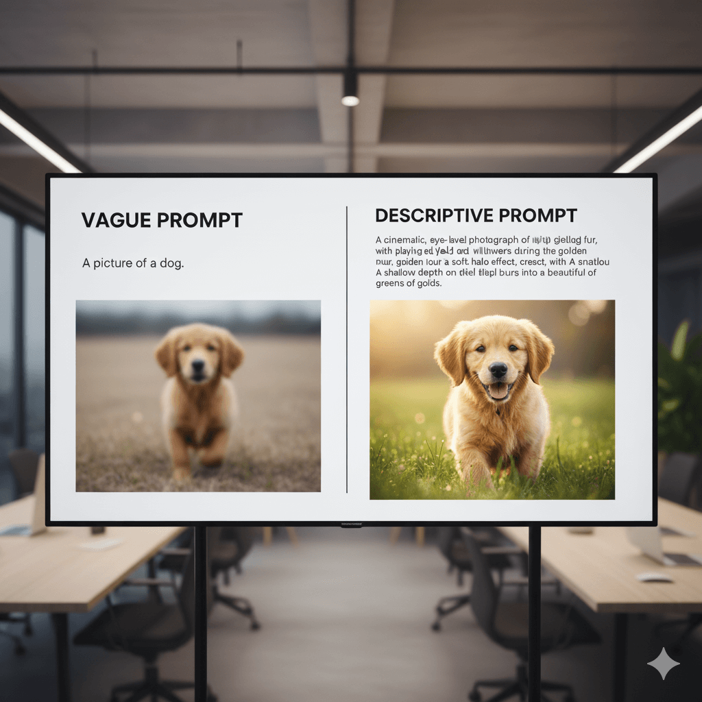 Example comparing vague and descriptive AI prompts showing quality difference in outputs.
