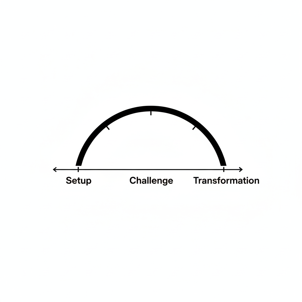 Visual of the three points of a brand story arc: setup, challenge, transformation.