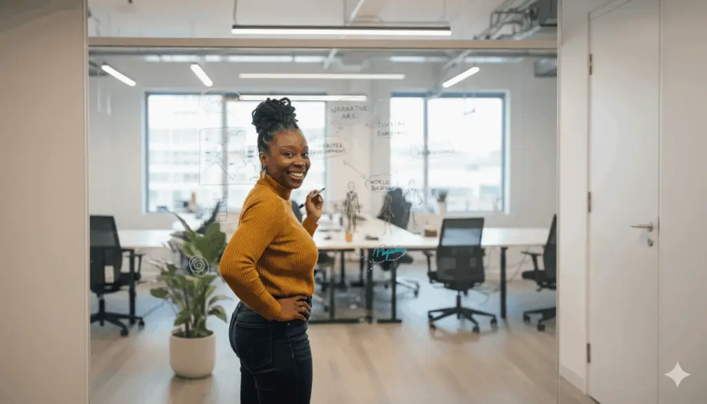 Black woman entrepreneur and storytelling strategist teaching the three points of a brand story arc.